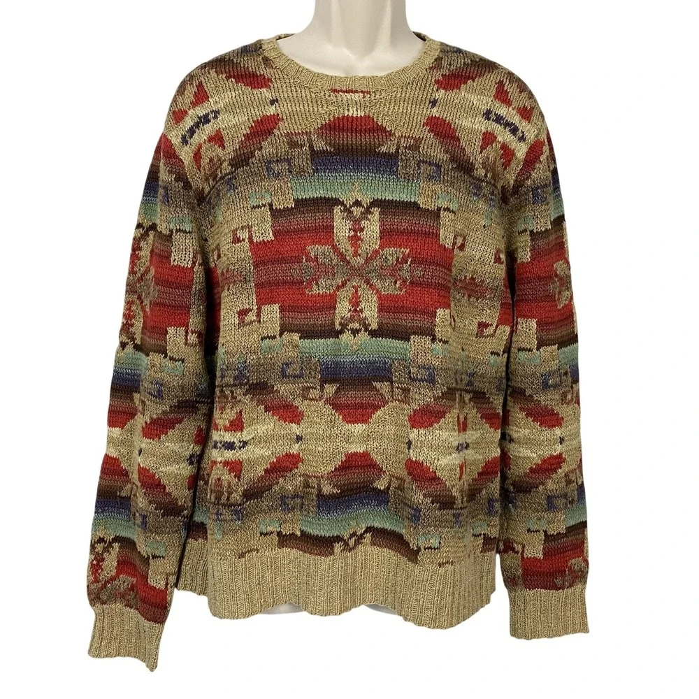 VTG Polo Ralph Lauren Hand Knit Southwestern Sweater Mens L Linen Silk Cotton